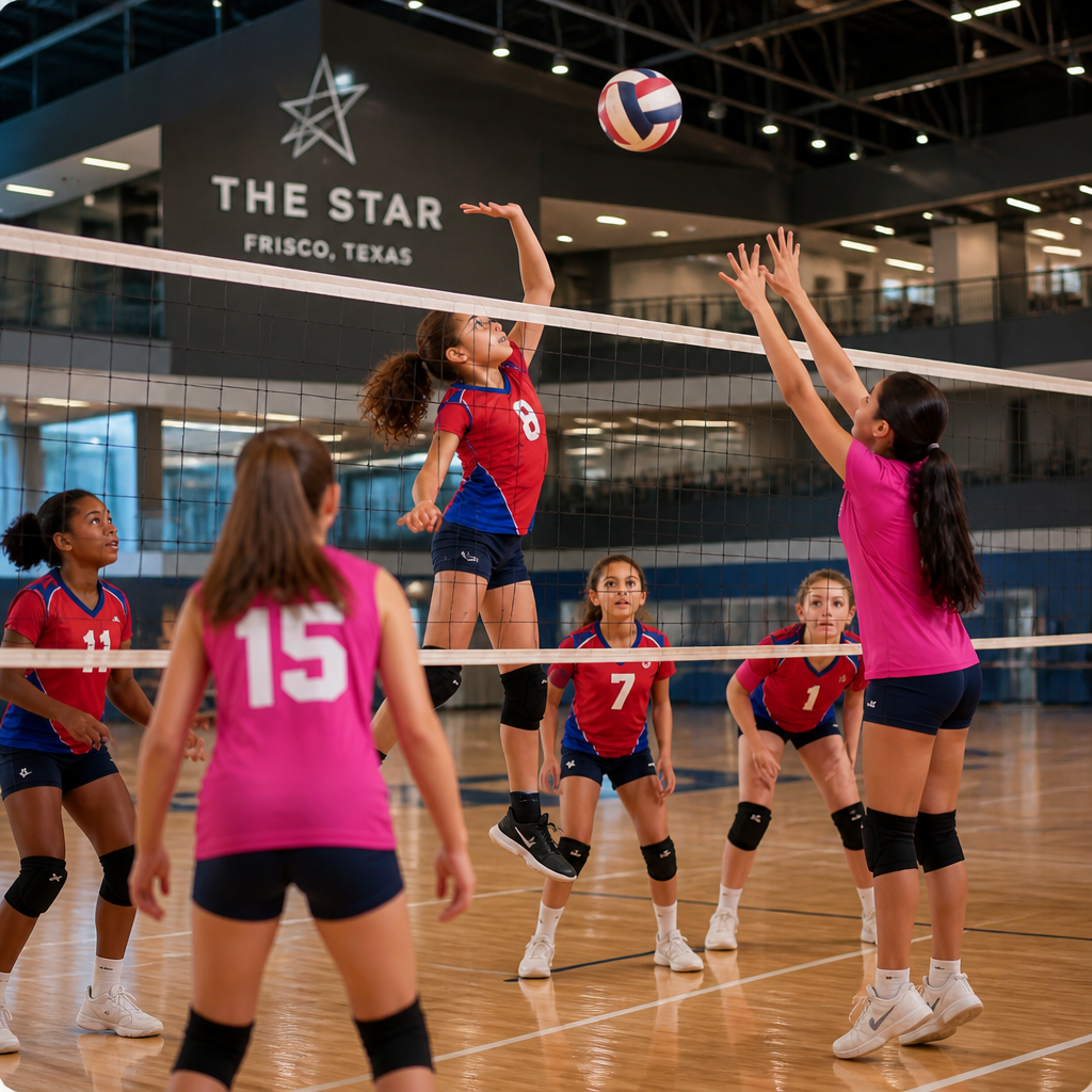 Youth volleyball players jumping at the net